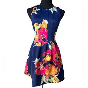 Vince Camuto Floral Fit & Flare Dress Navy Bright Print Sleeveless Size 2